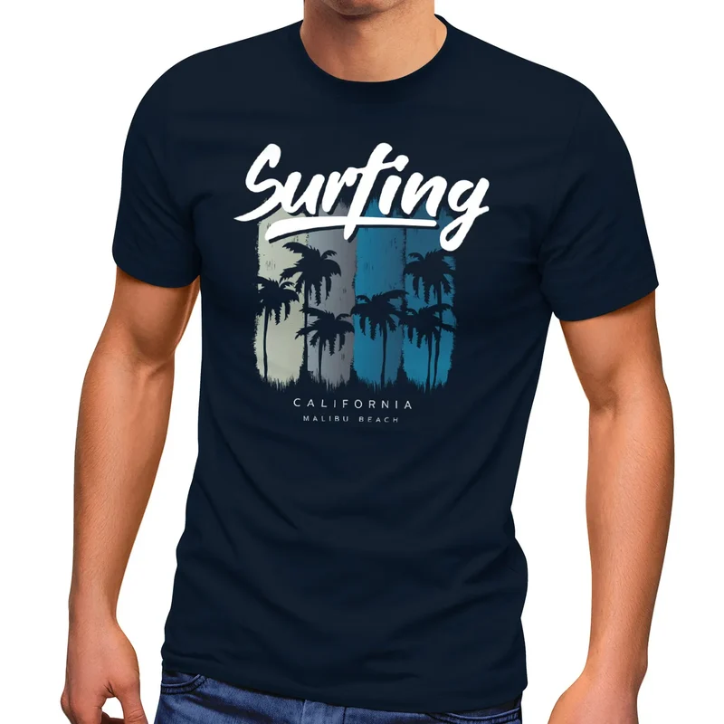 Herren T-Shirt Surfing California Malibu Beach Sommer Strand Palmen Print Aufdruck Fashion Streetstyle