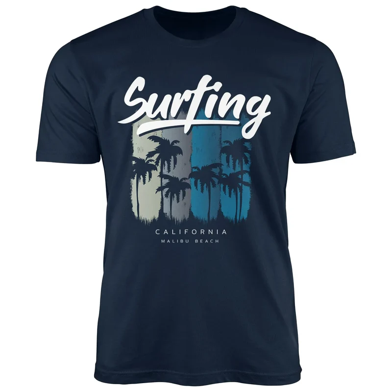 Herren T-Shirt Surfing California Malibu Beach Sommer Strand Palmen Print Aufdruck Fashion Streetstyle