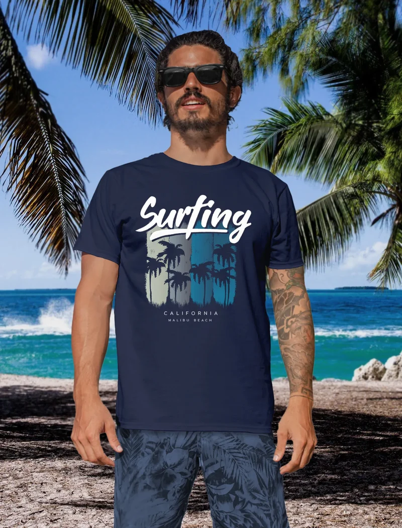 Herren T-Shirt Surfing California Malibu Beach Sommer Strand Palmen Print Aufdruck Fashion Streetstyle