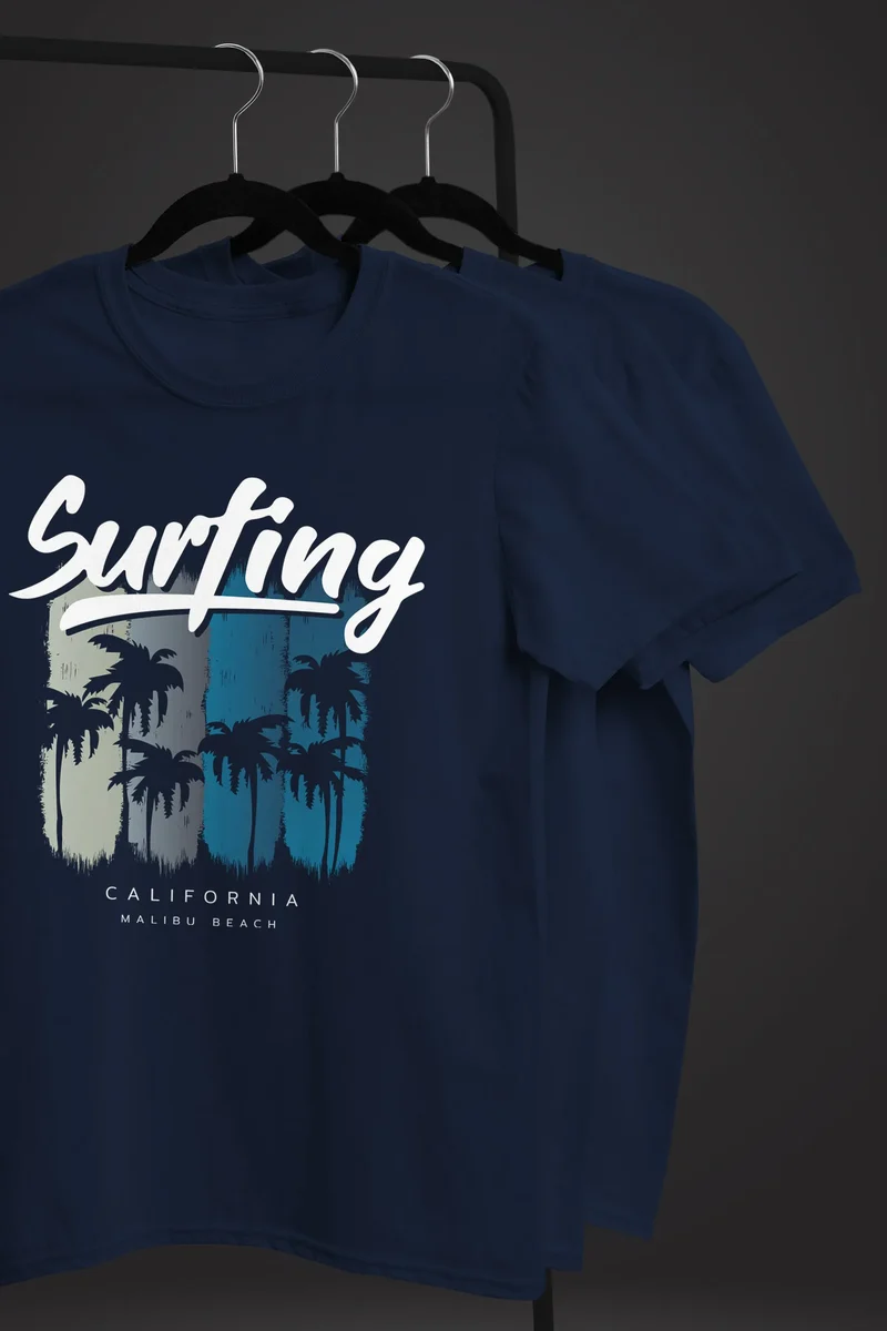 Herren T-Shirt Surfing California Malibu Beach Sommer Strand Palmen Print Aufdruck Fashion Streetstyle