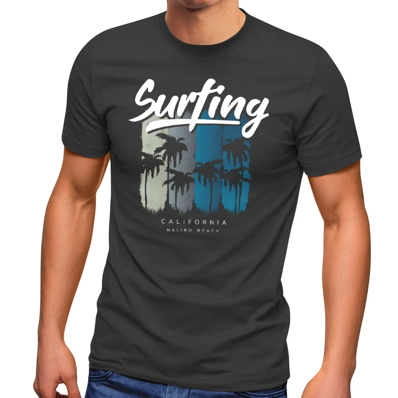 Herren T-Shirt Surfing California Malibu Beach Sommer Strand Palmen Print Aufdruck Fashion Streetstyle
