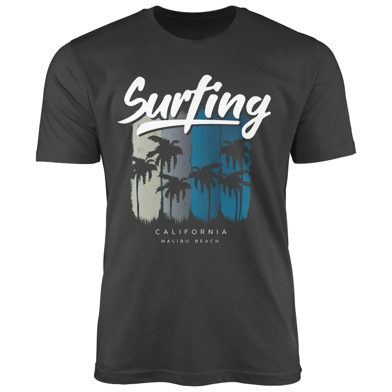 Herren T-Shirt Surfing California Malibu Beach Sommer Strand Palmen Print Aufdruck Fashion Streetstyle