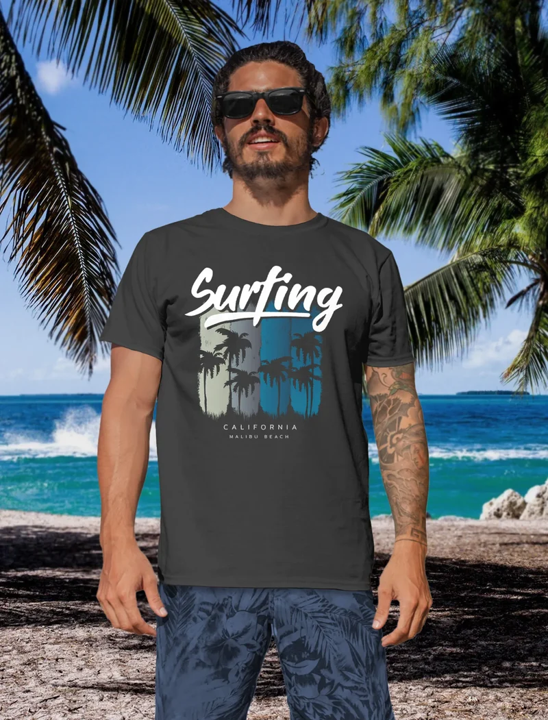 Herren T-Shirt Surfing California Malibu Beach Sommer Strand Palmen Print Aufdruck Fashion Streetstyle