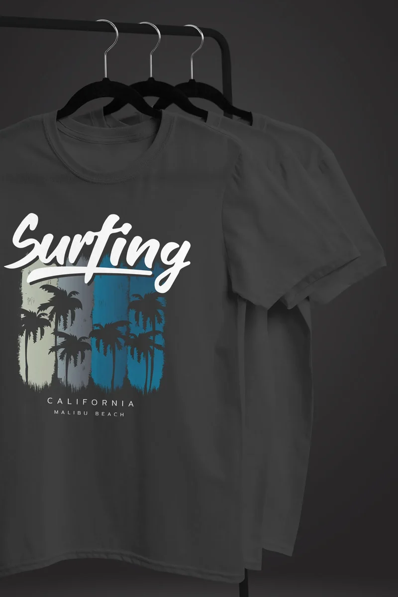 Herren T-Shirt Surfing California Malibu Beach Sommer Strand Palmen Print Aufdruck Fashion Streetstyle