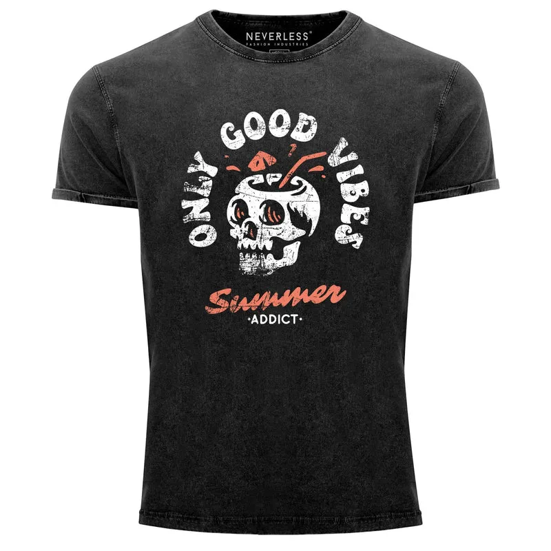 Herren Vintage Shirt Totenkopf Schrift Only Good Vibes Skull Summer Sommer Printshirt Aufdruck Used Look