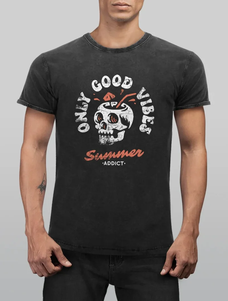 Herren Vintage Shirt Totenkopf Schrift Only Good Vibes Skull Summer Sommer Printshirt Aufdruck Used Look