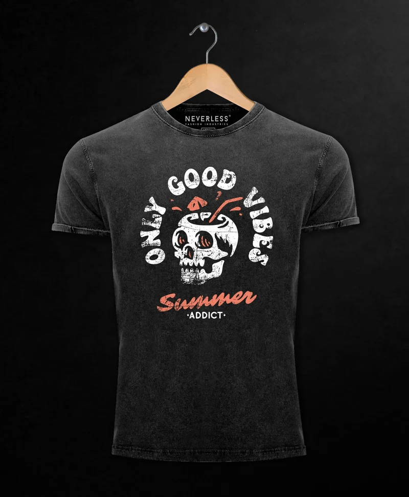 Herren Vintage Shirt Totenkopf Schrift Only Good Vibes Skull Summer Sommer Printshirt Aufdruck Used Look