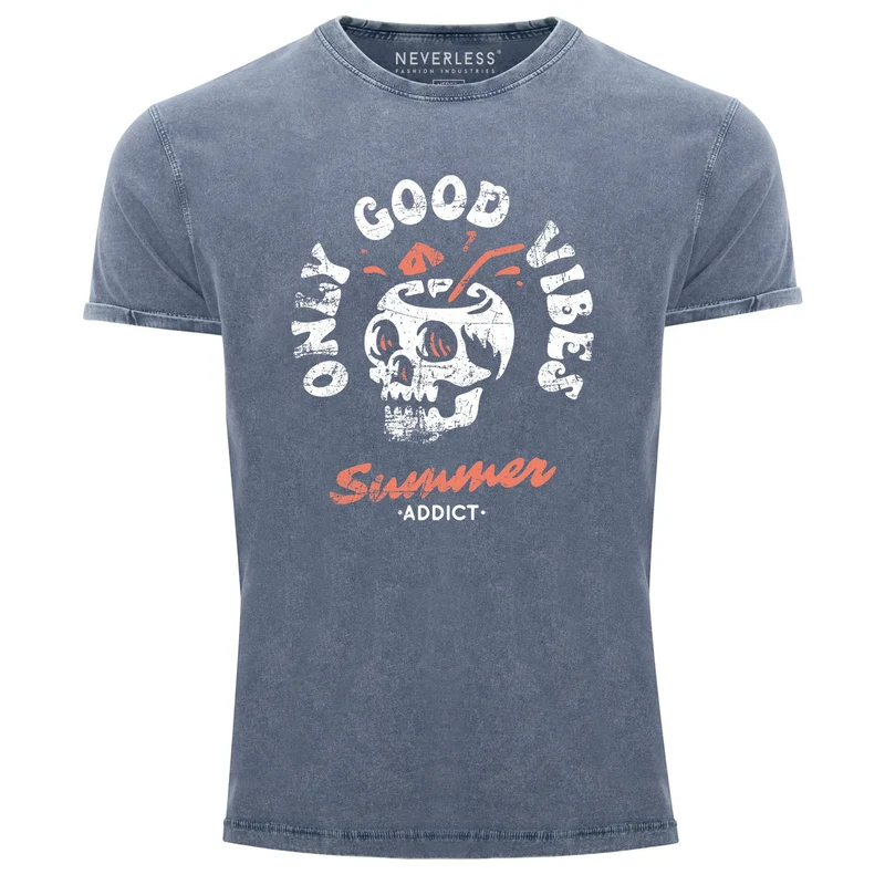 Herren Vintage Shirt Totenkopf Schrift Only Good Vibes Skull Summer Sommer Printshirt Aufdruck Used Look