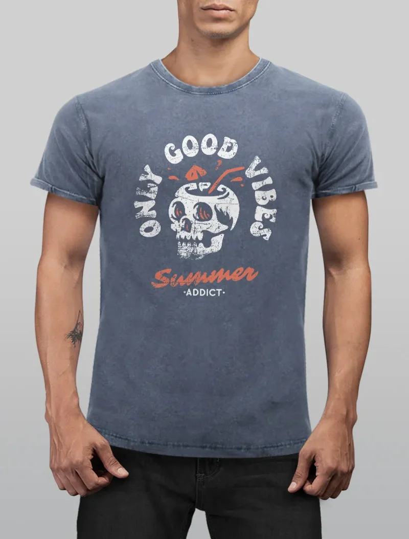 Herren Vintage Shirt Totenkopf Schrift Only Good Vibes Skull Summer Sommer Printshirt Aufdruck Used Look