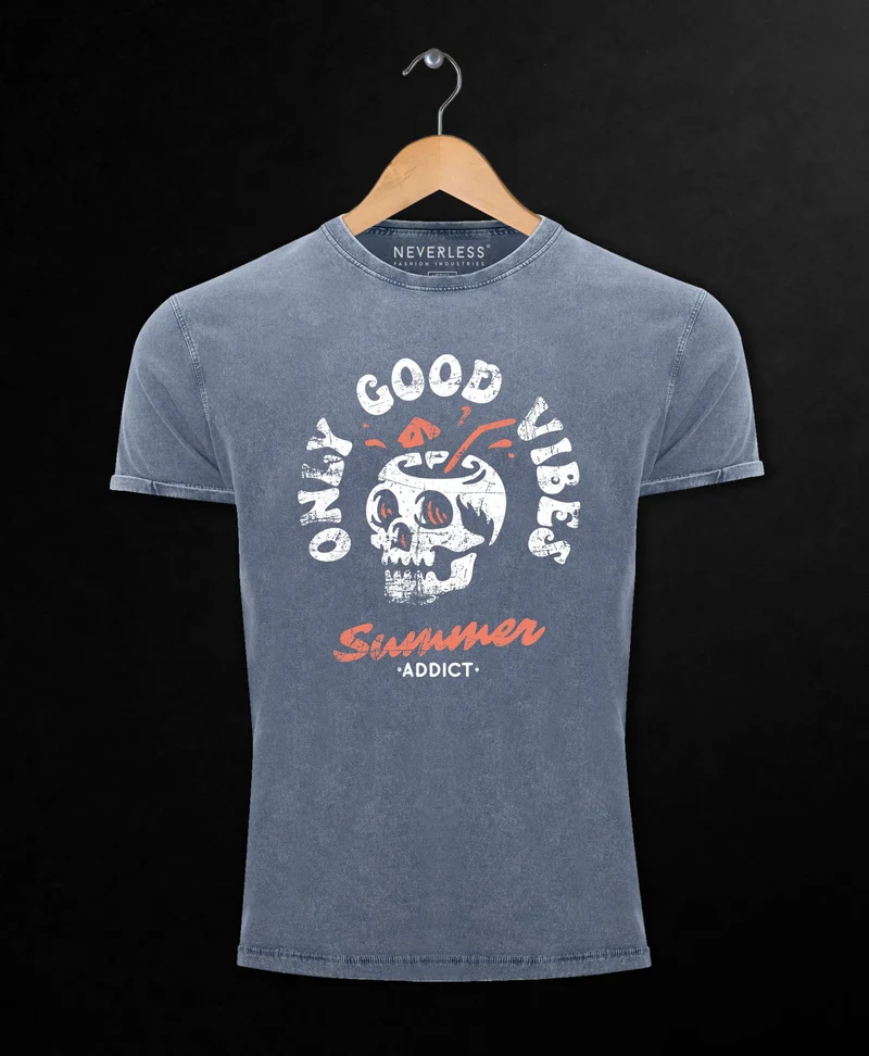 Herren Vintage Shirt Totenkopf Schrift Only Good Vibes Skull Summer Sommer Printshirt Aufdruck Used Look