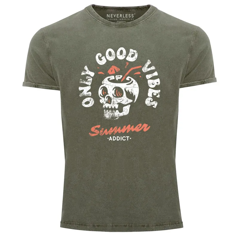 Herren Vintage Shirt Totenkopf Schrift Only Good Vibes Skull Summer Sommer Printshirt Aufdruck Used Look
