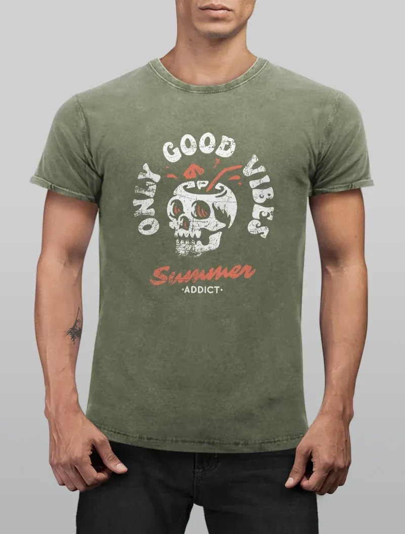 Herren Vintage Shirt Totenkopf Schrift Only Good Vibes Skull Summer Sommer Printshirt Aufdruck Used Look