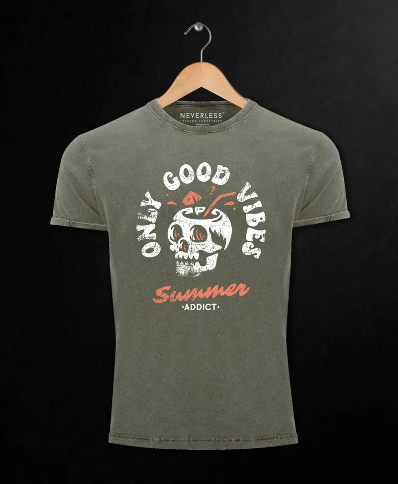 Herren Vintage Shirt Totenkopf Schrift Only Good Vibes Skull Summer Sommer Printshirt Aufdruck Used Look