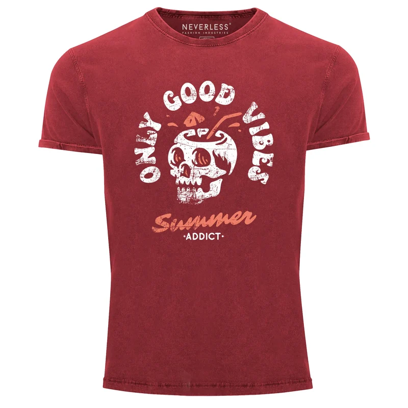 Herren Vintage Shirt Totenkopf Schrift Only Good Vibes Skull Summer Sommer Printshirt Aufdruck Used Look