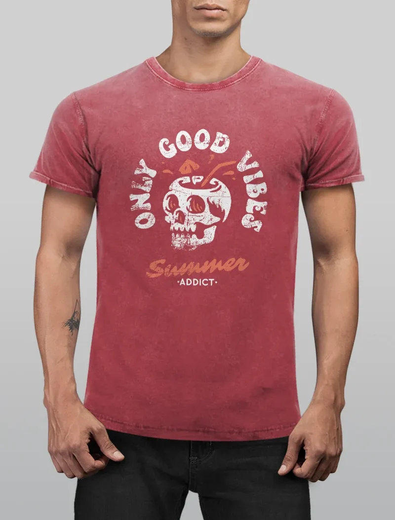 Herren Vintage Shirt Totenkopf Schrift Only Good Vibes Skull Summer Sommer Printshirt Aufdruck Used Look