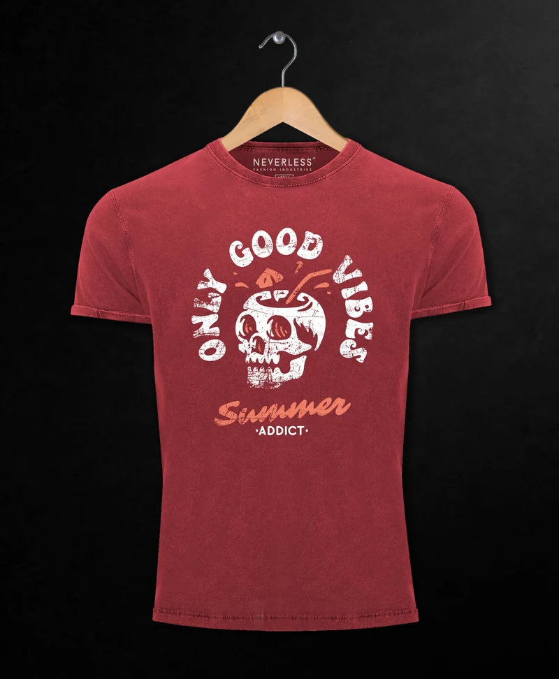 Herren Vintage Shirt Totenkopf Schrift Only Good Vibes Skull Summer Sommer Printshirt Aufdruck Used Look