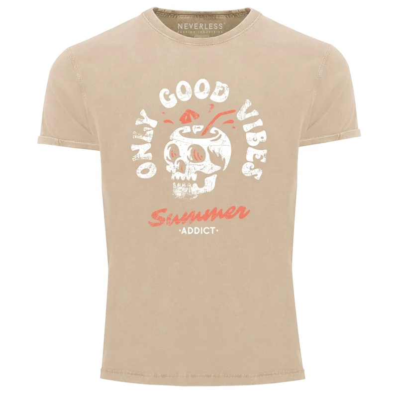 Herren Vintage Shirt Totenkopf Schrift Only Good Vibes Skull Summer Sommer Printshirt Aufdruck Used Look