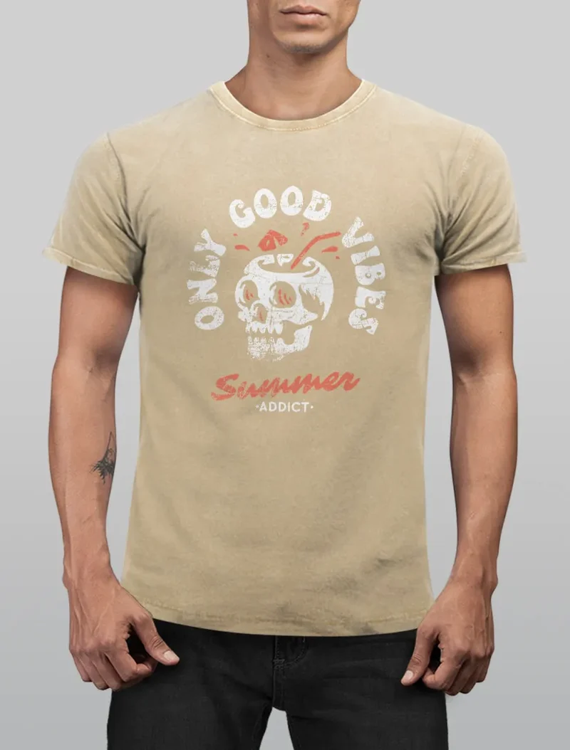 Herren Vintage Shirt Totenkopf Schrift Only Good Vibes Skull Summer Sommer Printshirt Aufdruck Used Look