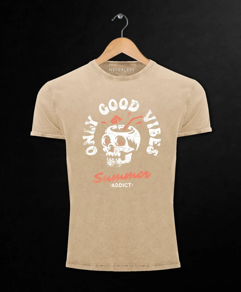 Herren Vintage Shirt Totenkopf Schrift Only Good Vibes Skull Summer Sommer Printshirt Aufdruck Used Look
