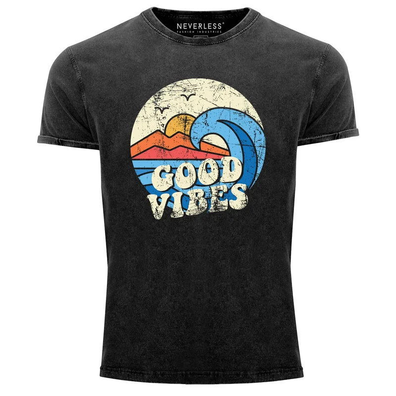 Herren T-Shirt Schrift Good Vibes Welle Hippie Slogan Statement Surf Design Vintage Retro Printshirt