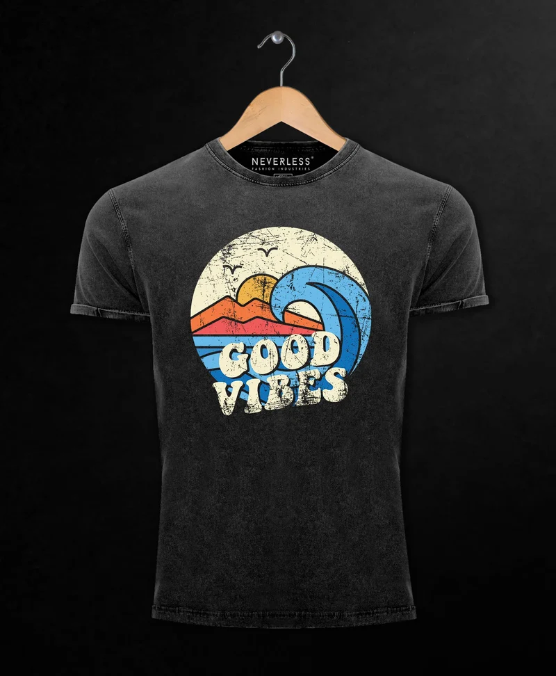 Herren T-Shirt Schrift Good Vibes Welle Hippie Slogan Statement Surf Design Vintage Retro Printshirt