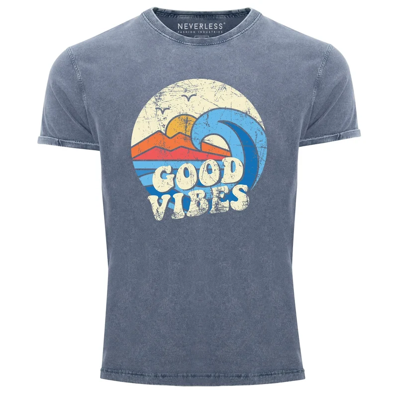 Herren T-Shirt Schrift Good Vibes Welle Hippie Slogan Statement Surf Design Vintage Retro Printshirt