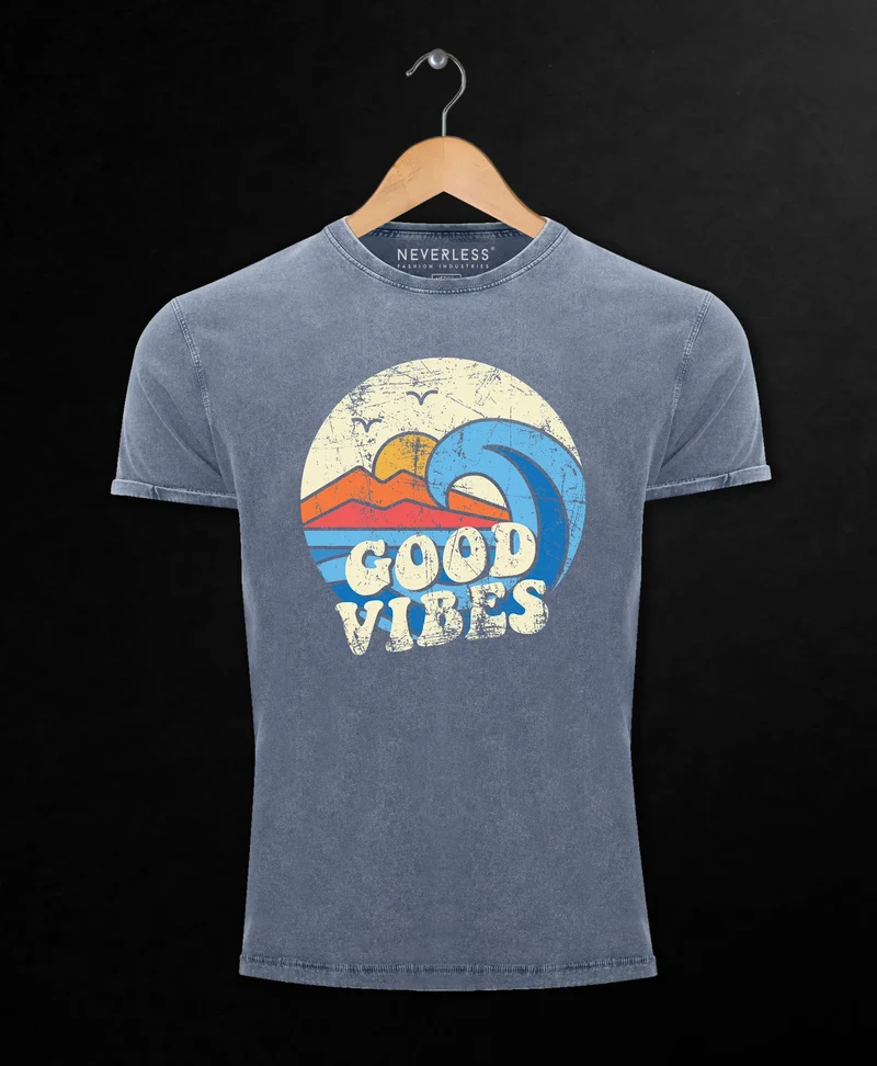 Herren T-Shirt Schrift Good Vibes Welle Hippie Slogan Statement Surf Design Vintage Retro Printshirt