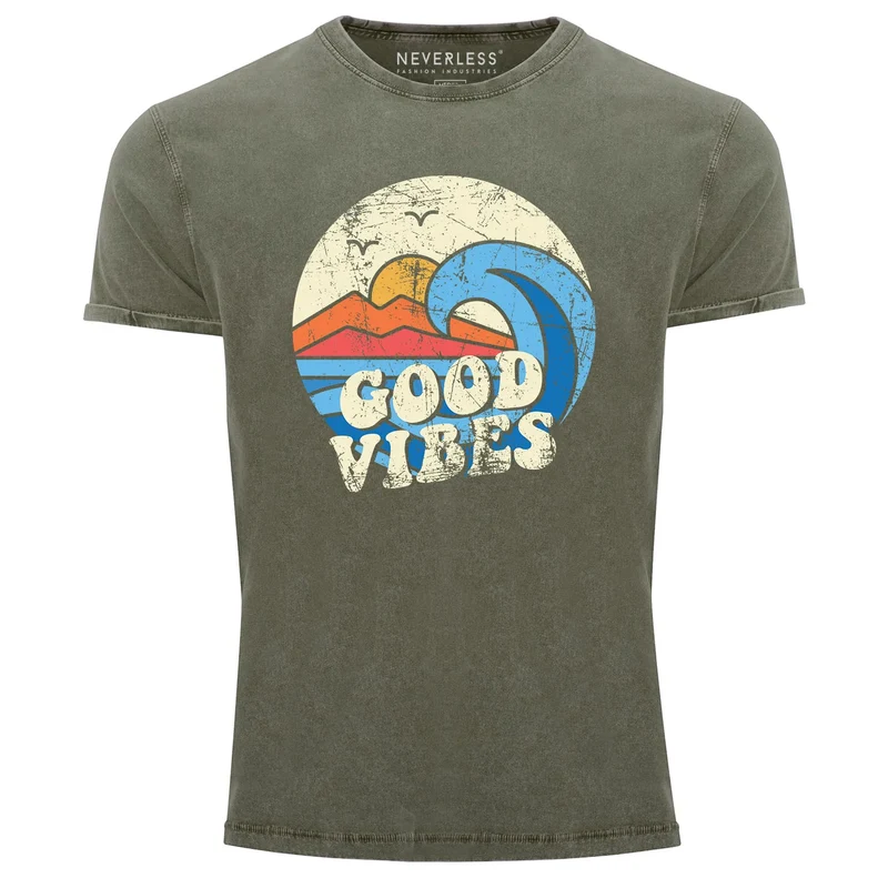 Herren T-Shirt Schrift Good Vibes Welle Hippie Slogan Statement Surf Design Vintage Retro Printshirt