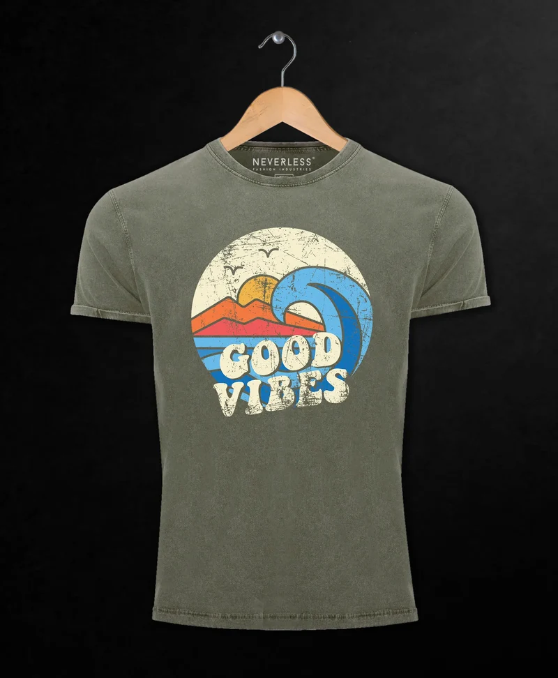 Herren T-Shirt Schrift Good Vibes Welle Hippie Slogan Statement Surf Design Vintage Retro Printshirt