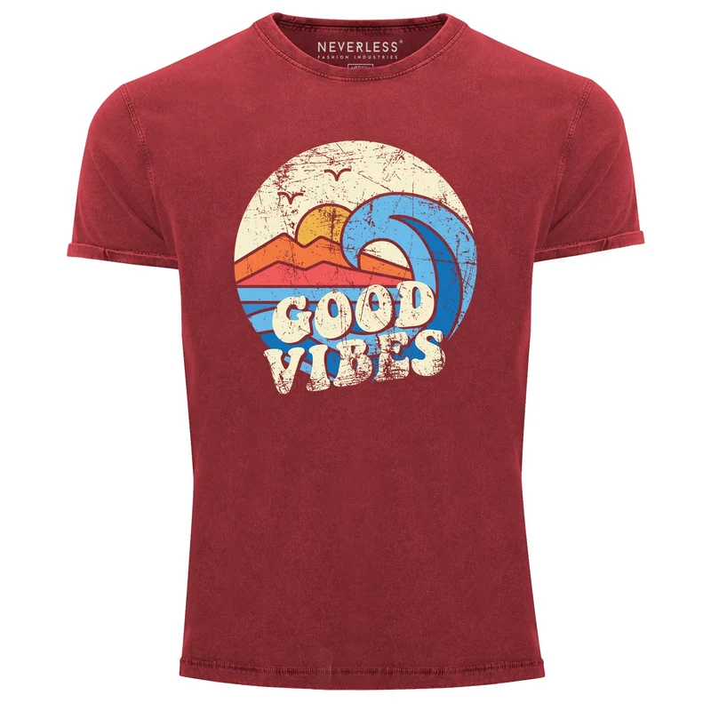 Herren T-Shirt Schrift Good Vibes Welle Hippie Slogan Statement Surf Design Vintage Retro Printshirt