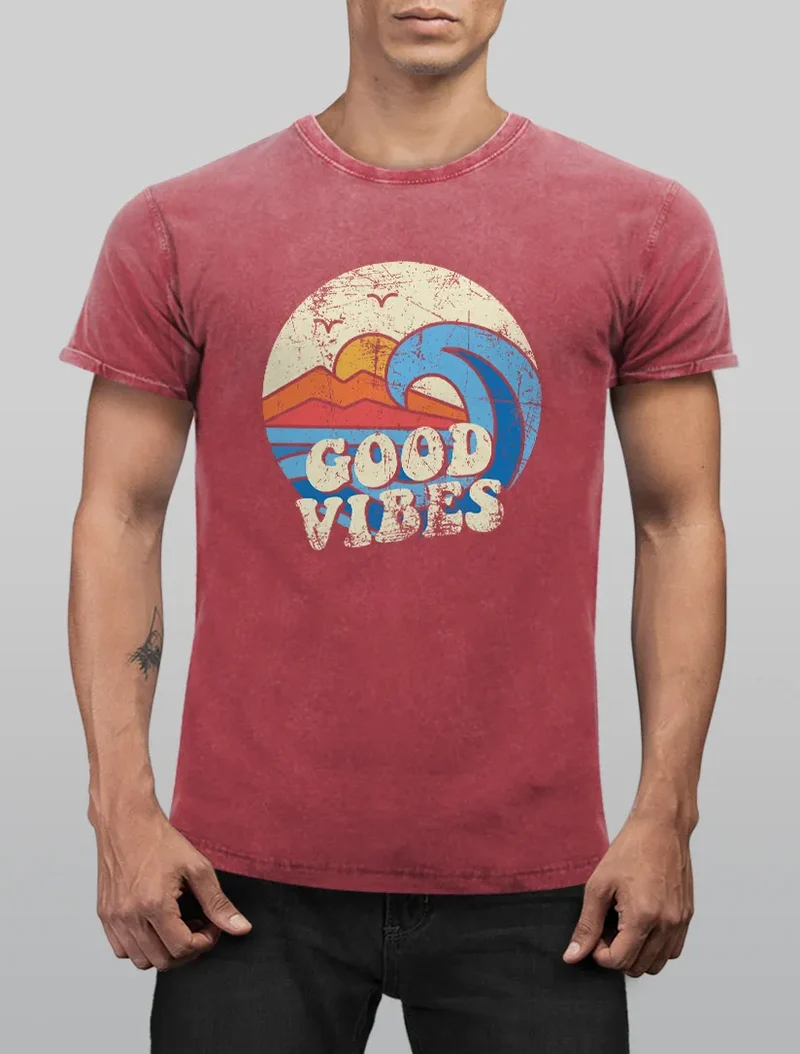 Herren T-Shirt Schrift Good Vibes Welle Hippie Slogan Statement Surf Design Vintage Retro Printshirt