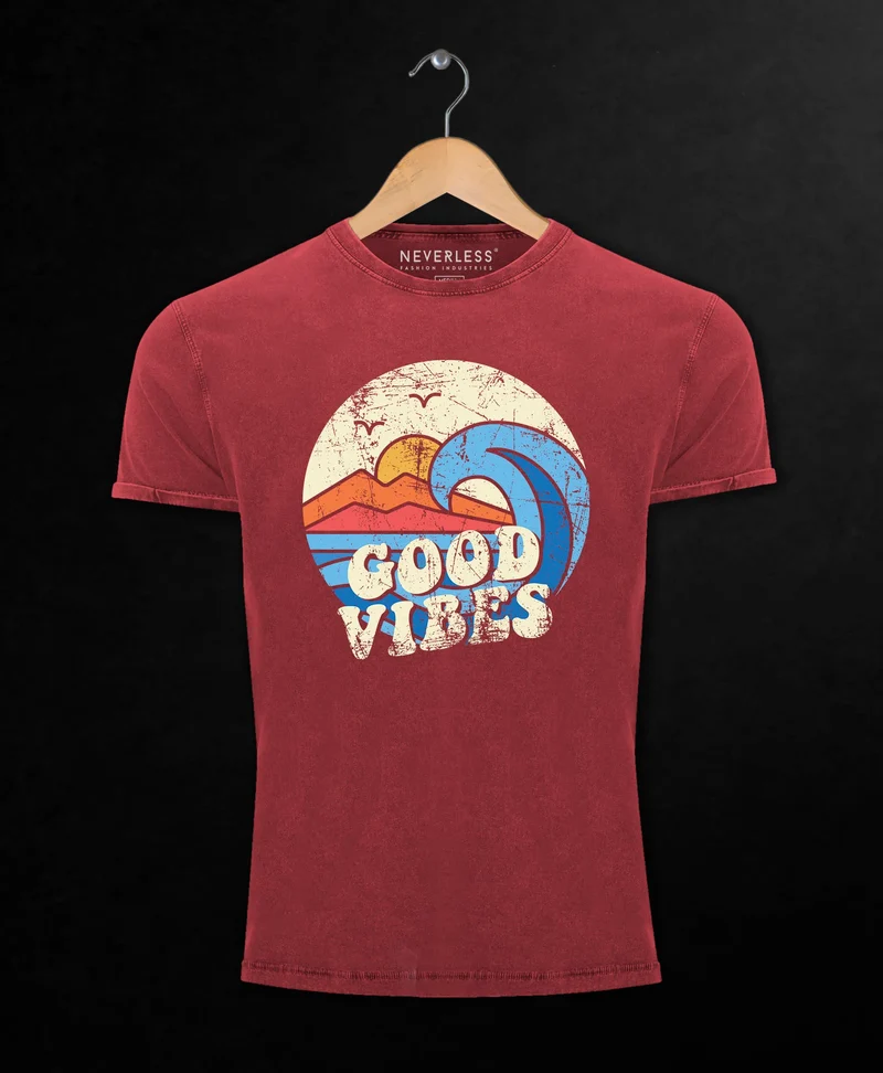 Herren T-Shirt Schrift Good Vibes Welle Hippie Slogan Statement Surf Design Vintage Retro Printshirt