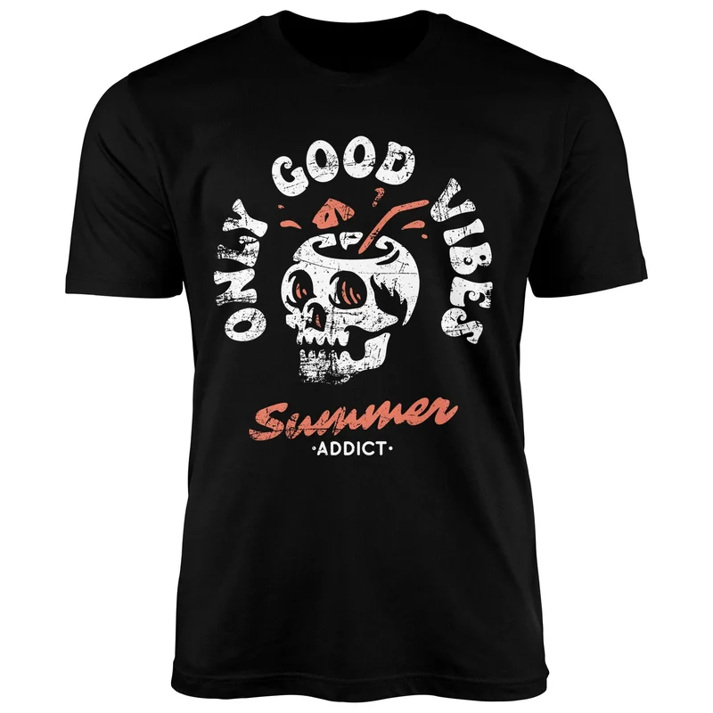 Herren T-Shirt Totenkopf Schrift Only Good Vibes Skull Summer Sommer Retro Vintage Printshirt Fashion Streetstyle