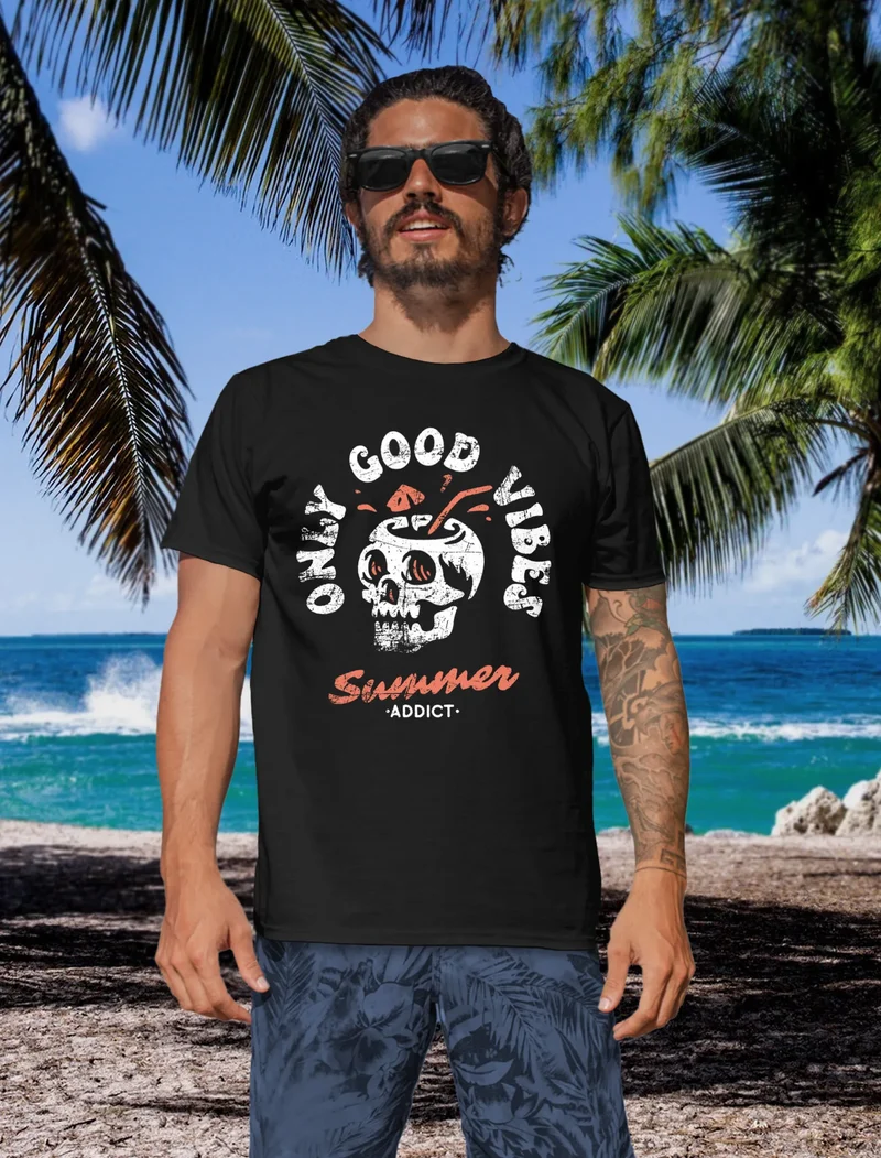Herren T-Shirt Totenkopf Schrift Only Good Vibes Skull Summer Sommer Retro Vintage Printshirt Fashion Streetstyle