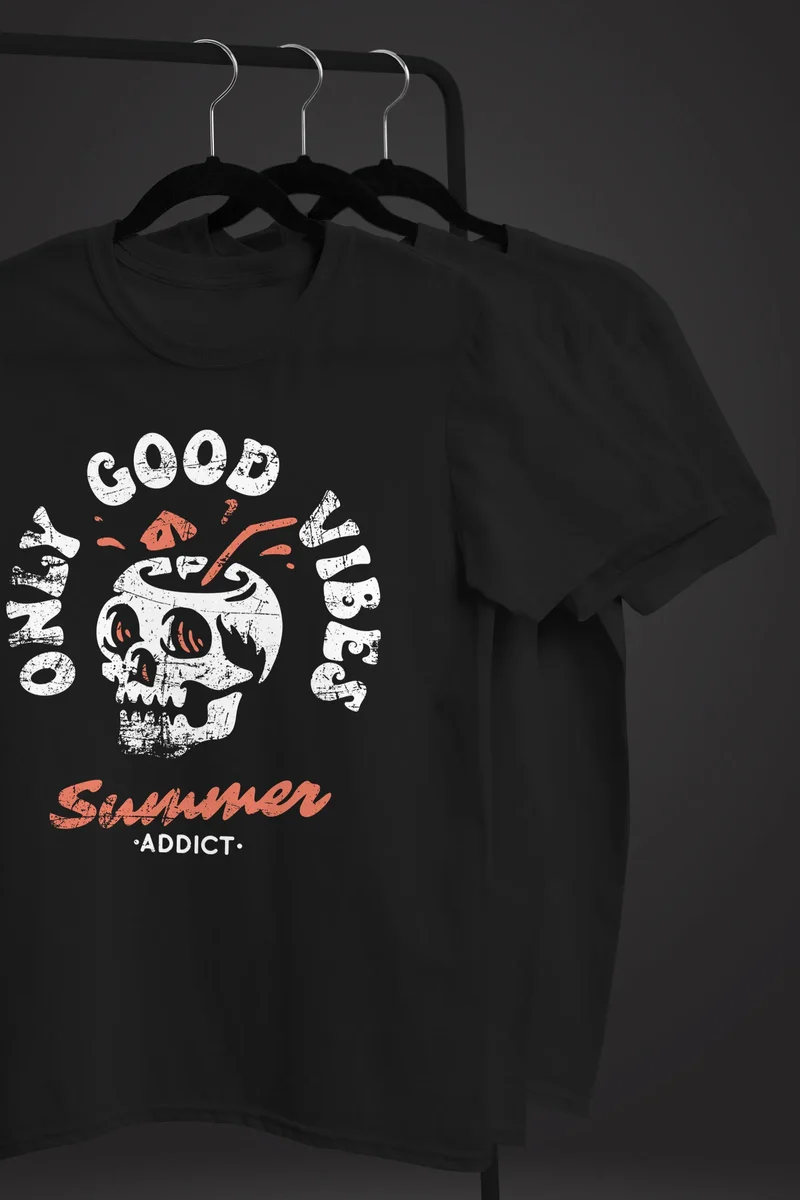 Herren T-Shirt Totenkopf Schrift Only Good Vibes Skull Summer Sommer Retro Vintage Printshirt Fashion Streetstyle