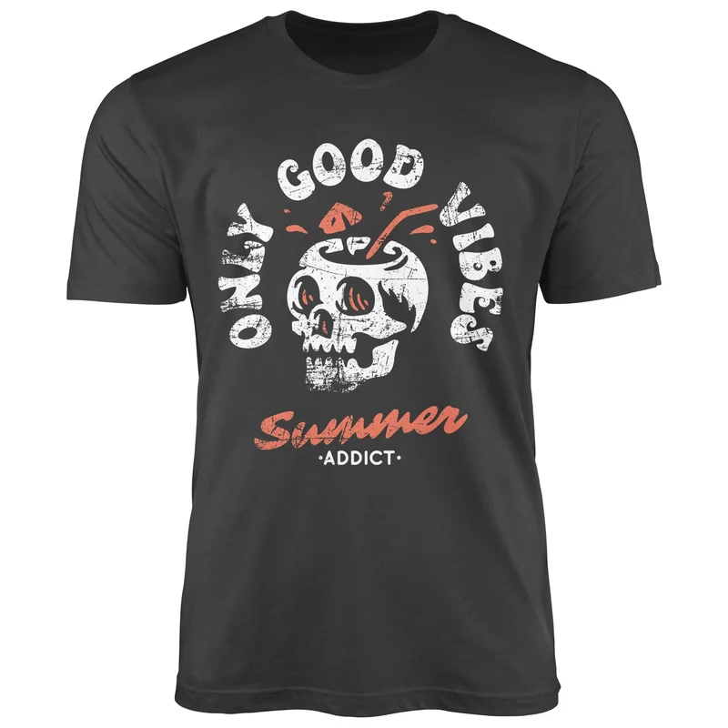 Herren T-Shirt Totenkopf Schrift Only Good Vibes Skull Summer Sommer Retro Vintage Printshirt Fashion Streetstyle