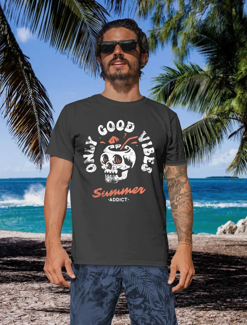 Herren T-Shirt Totenkopf Schrift Only Good Vibes Skull Summer Sommer Retro Vintage Printshirt Fashion Streetstyle