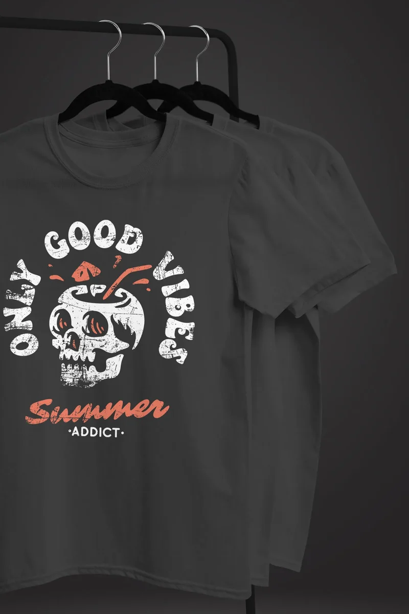 Herren T-Shirt Totenkopf Schrift Only Good Vibes Skull Summer Sommer Retro Vintage Printshirt Fashion Streetstyle