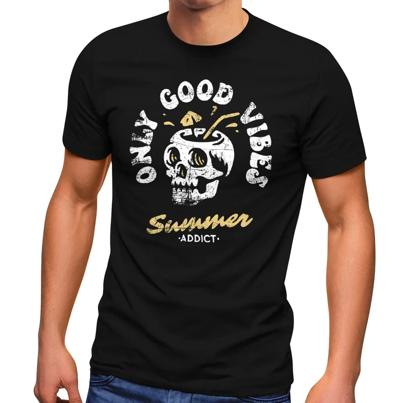 Herren T-Shirt Totenkopf Schrift Only Good Vibes Skull Summer Sommer Retro Vintage Printshirt Fashion Streetstyle