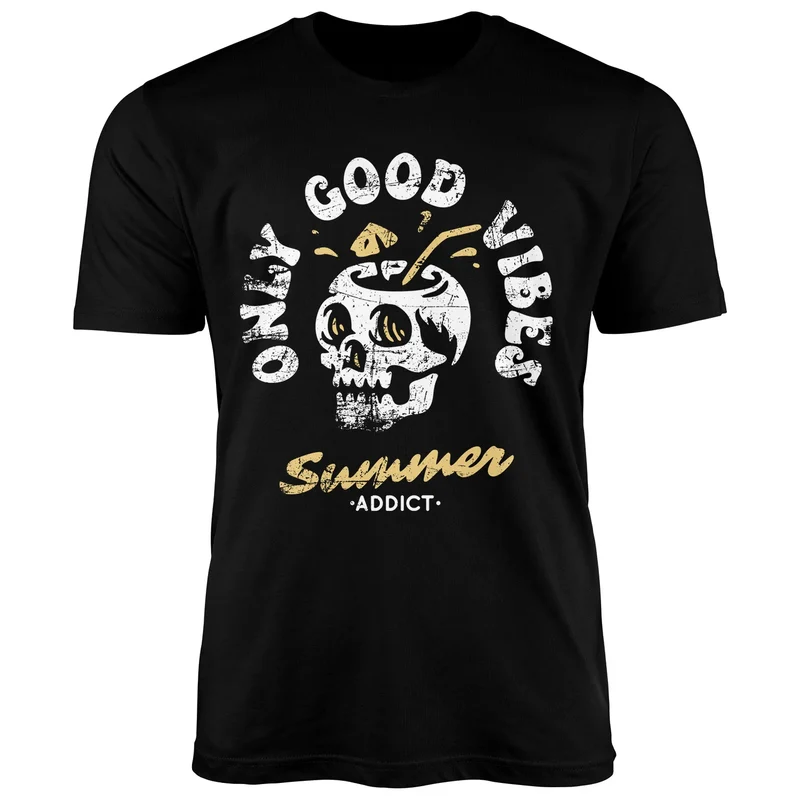 Herren T-Shirt Totenkopf Schrift Only Good Vibes Skull Summer Sommer Retro Vintage Printshirt Fashion Streetstyle