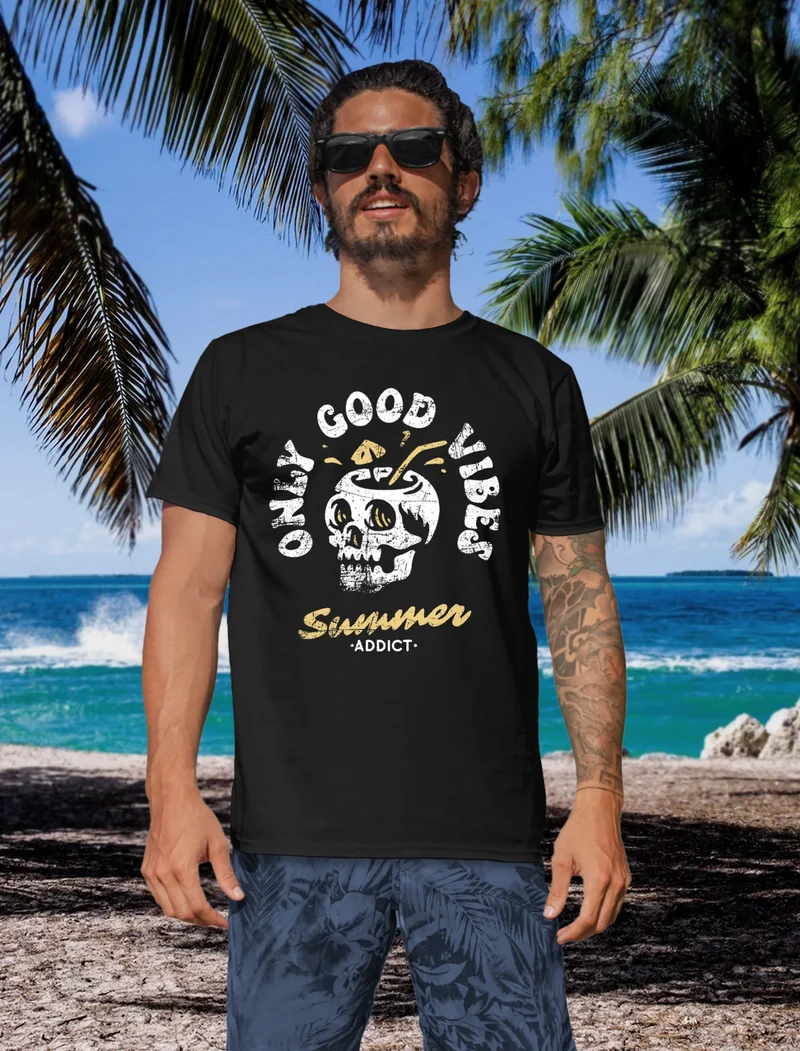 Herren T-Shirt Totenkopf Schrift Only Good Vibes Skull Summer Sommer Retro Vintage Printshirt Fashion Streetstyle