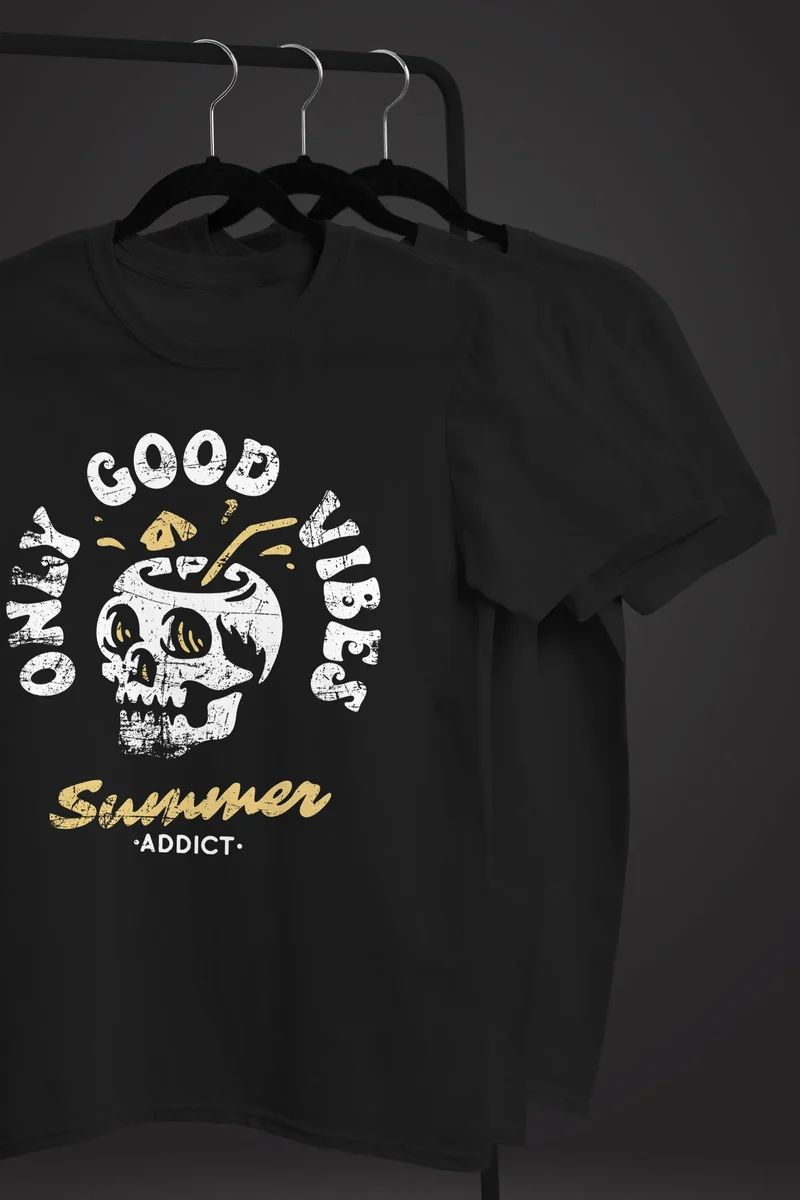 Herren T-Shirt Totenkopf Schrift Only Good Vibes Skull Summer Sommer Retro Vintage Printshirt Fashion Streetstyle