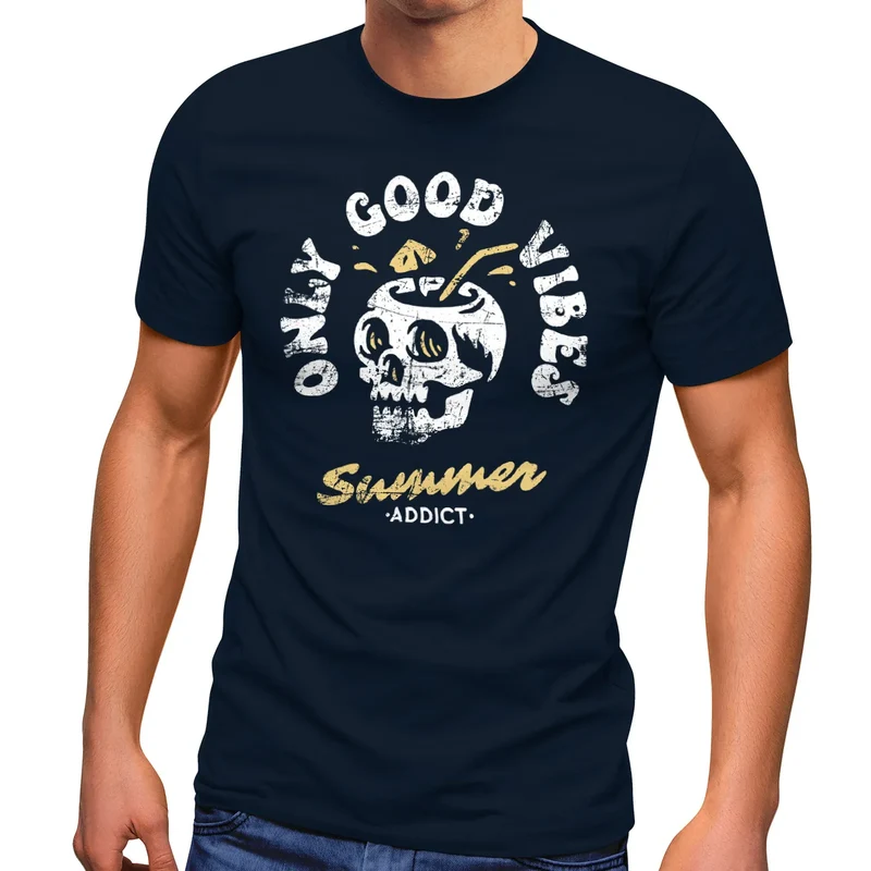 Herren T-Shirt Totenkopf Schrift Only Good Vibes Skull Summer Sommer Retro Vintage Printshirt Fashion Streetstyle