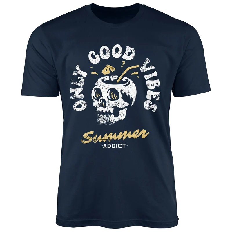 Herren T-Shirt Totenkopf Schrift Only Good Vibes Skull Summer Sommer Retro Vintage Printshirt Fashion Streetstyle