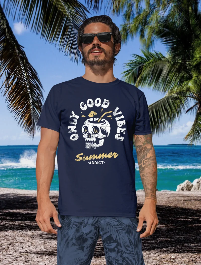 Herren T-Shirt Totenkopf Schrift Only Good Vibes Skull Summer Sommer Retro Vintage Printshirt Fashion Streetstyle