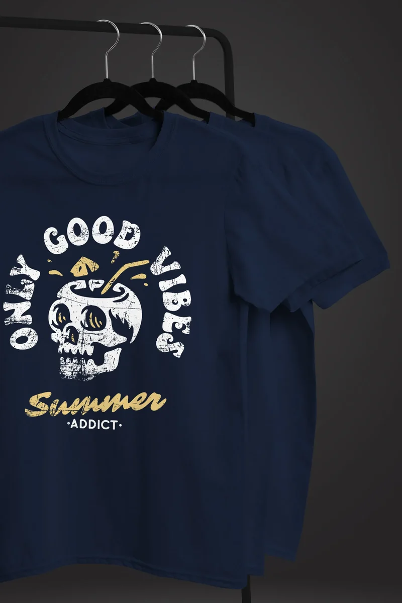 Herren T-Shirt Totenkopf Schrift Only Good Vibes Skull Summer Sommer Retro Vintage Printshirt Fashion Streetstyle