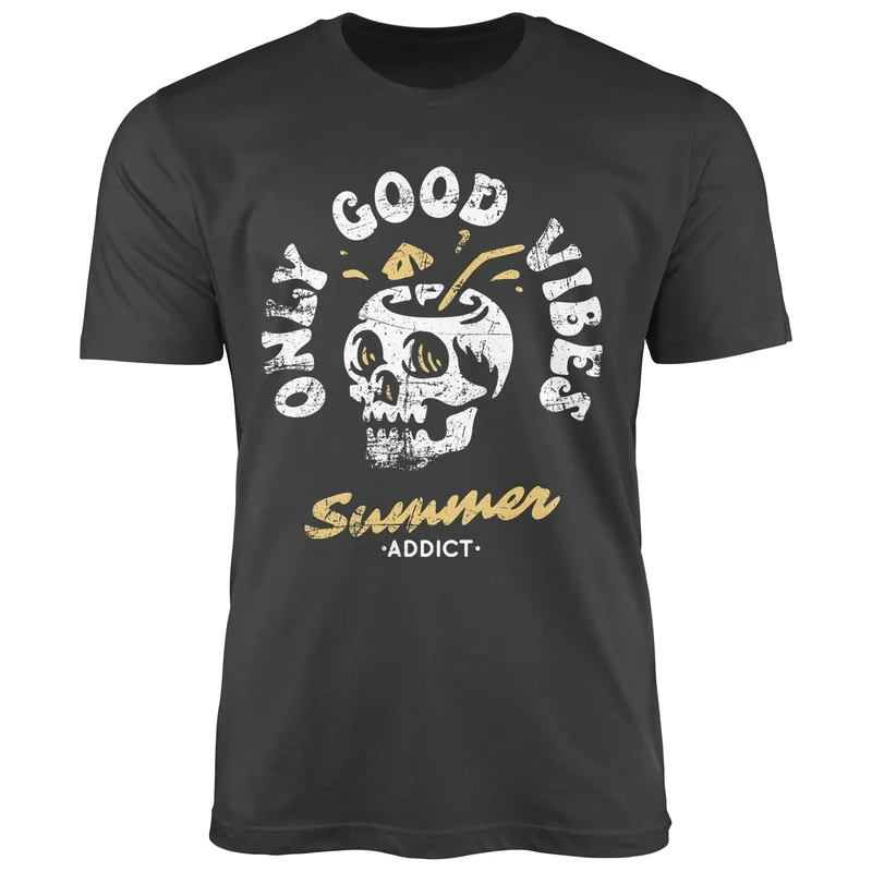 Herren T-Shirt Totenkopf Schrift Only Good Vibes Skull Summer Sommer Retro Vintage Printshirt Fashion Streetstyle