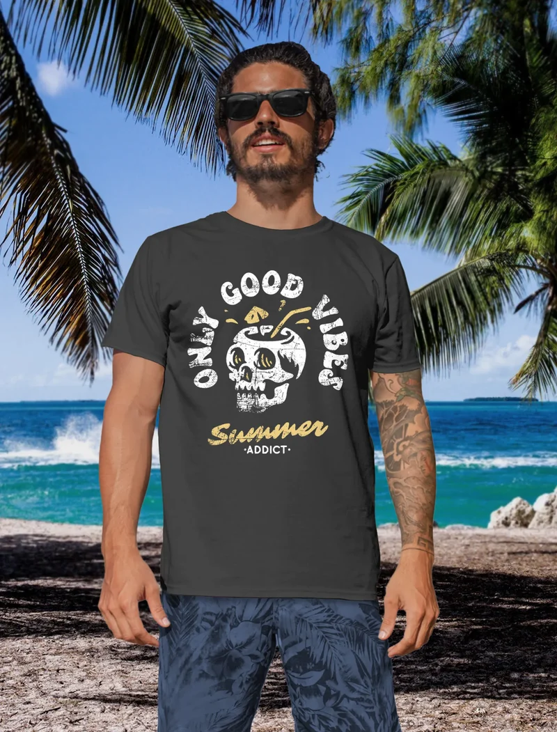 Herren T-Shirt Totenkopf Schrift Only Good Vibes Skull Summer Sommer Retro Vintage Printshirt Fashion Streetstyle