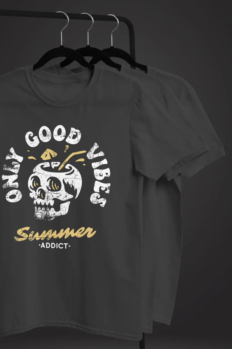 Herren T-Shirt Totenkopf Schrift Only Good Vibes Skull Summer Sommer Retro Vintage Printshirt Fashion Streetstyle