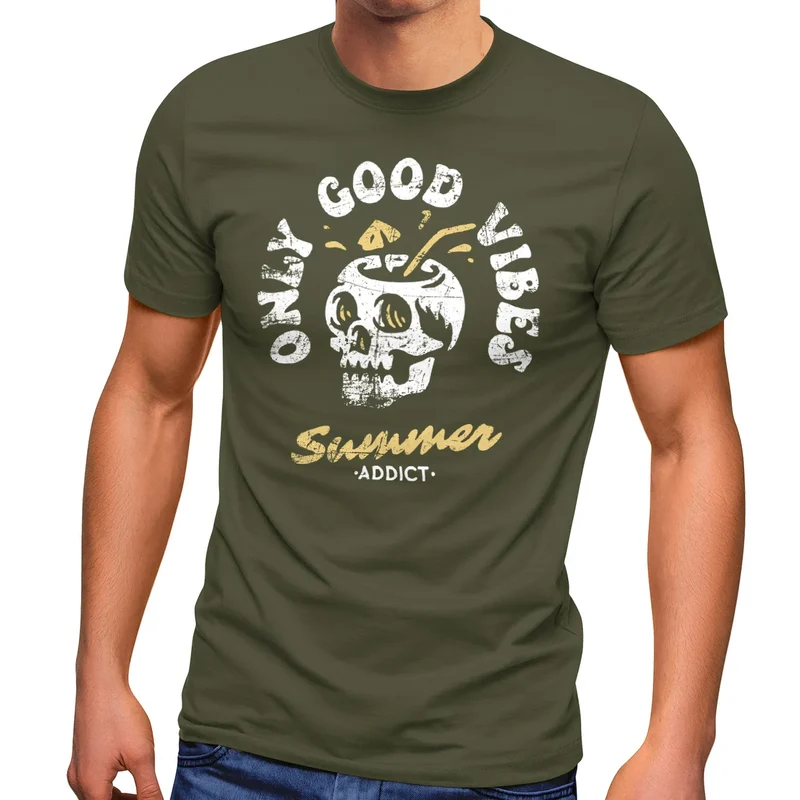 Herren T-Shirt Totenkopf Schrift Only Good Vibes Skull Summer Sommer Retro Vintage Printshirt Fashion Streetstyle